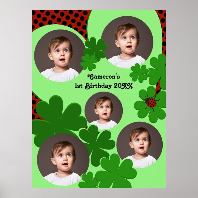 Ladybug Clover Leaf 1st Birthday Photo Collage Poster (Front)