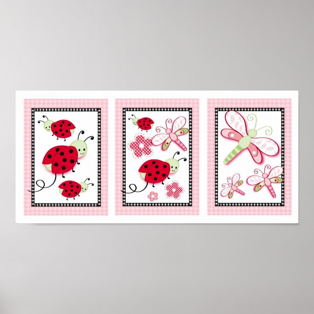 Ladybug Dragonfly Flower Nursery Wall Art Print (Front)