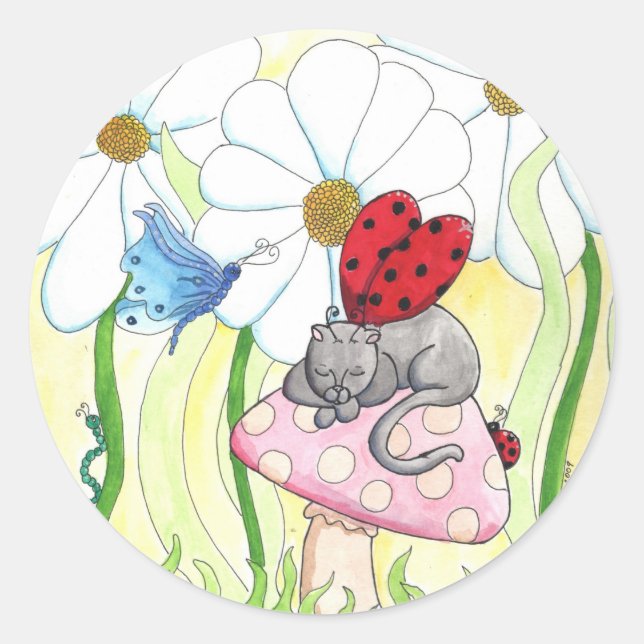 Ladybug Fairy Cat Classic Round Sticker (Front)