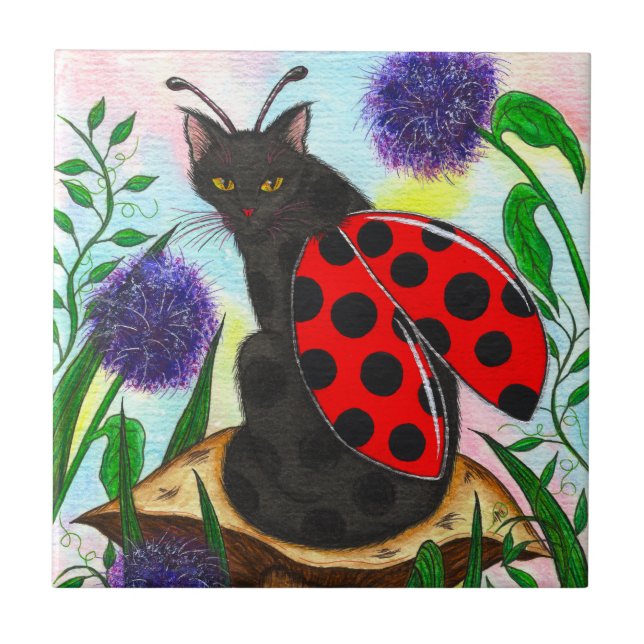 Ladybug Fairy Cat Fantasy Art Tile (Front)