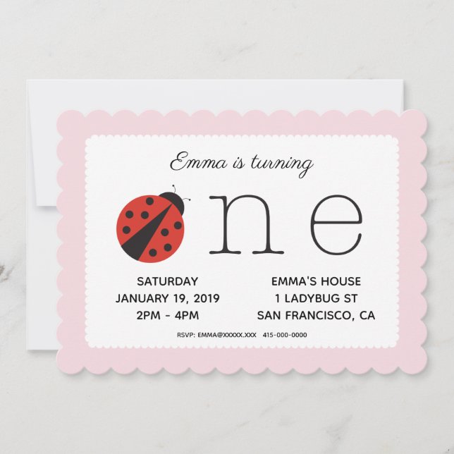 Ladybug first birthday invitation in pink (Front)