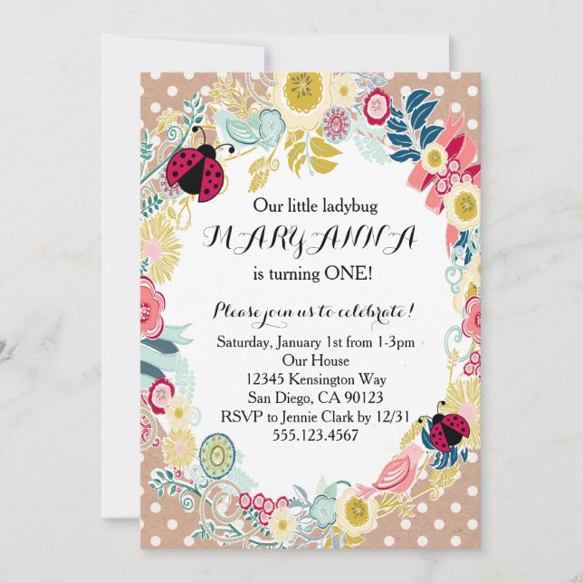 Ladybug First Girl Birthday Party Invitation (Front)