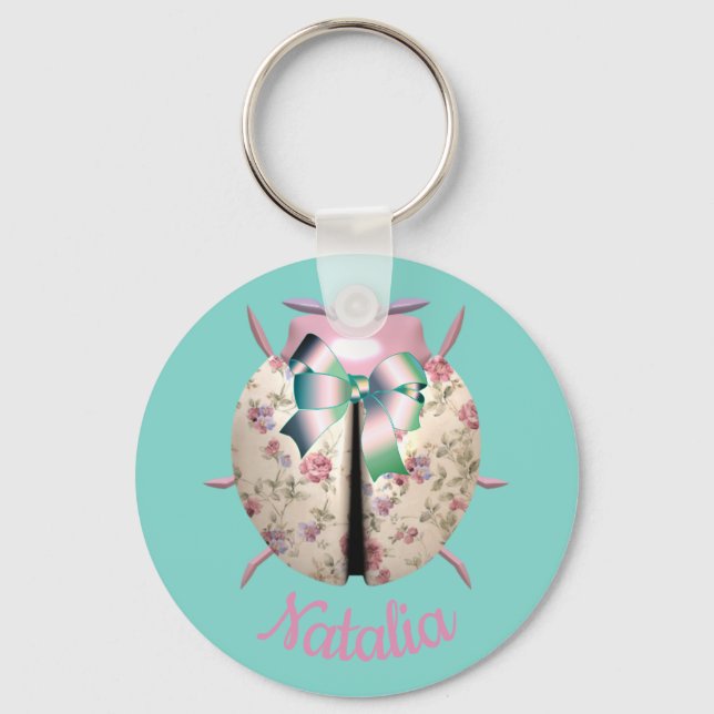 Ladybug floral roses and violets cute pink teal key ring (Front)
