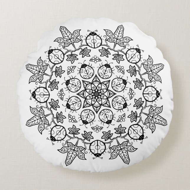 Ladybug Flower Leaves Mandala Colouring me Pillow (Front)