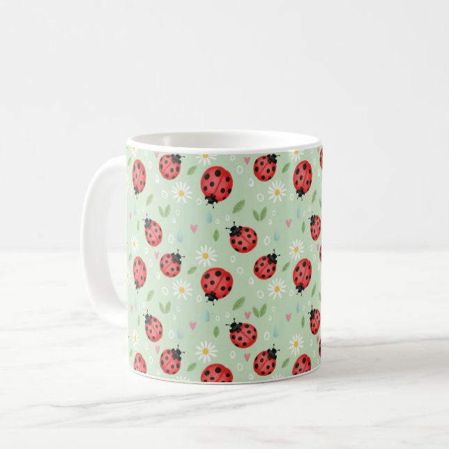 Ladybug Flower Pattern Coffee Mug (Front Left)