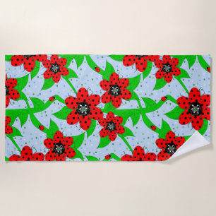 Ladybug Flowers Beach Towel