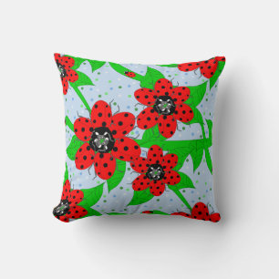 Ladybug Flowers Throw Pillow