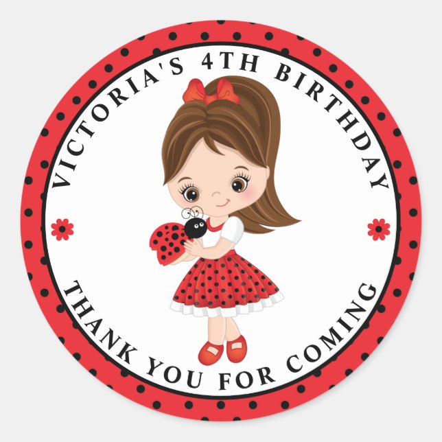 Ladybug Girl Birthday Classical Round Sticker (Front)