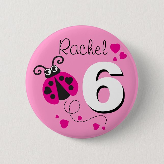 Ladybug girls 6th birthday name pink button (Front)