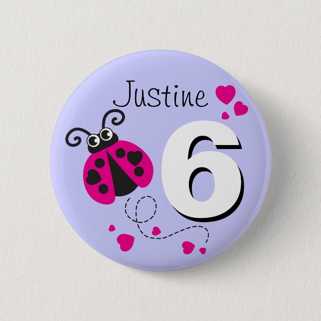 Ladybug girls 6th birthday name pink purple button (Front)
