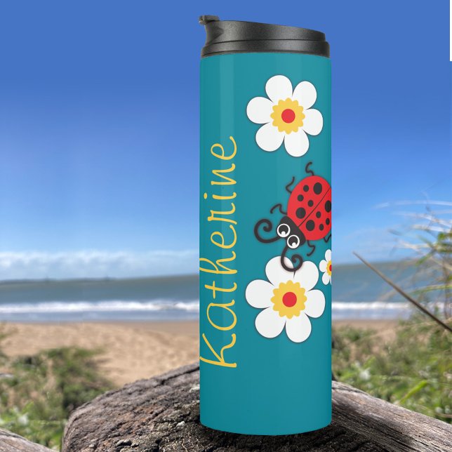 Ladybug girls name red white yellow on aqua thermal tumbler (Creator Uploaded)