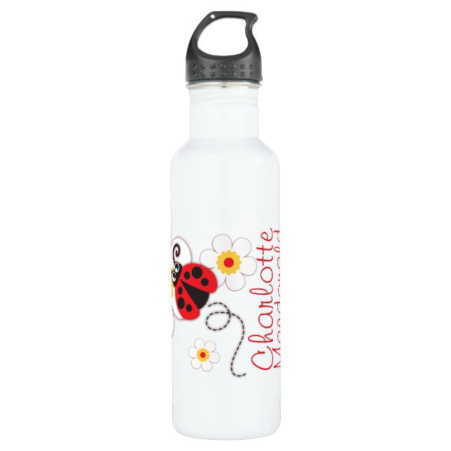 Ladybug girls named white red yellow drinks bottle (Front)