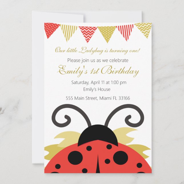 Ladybug Gold Red Girl Birthday Party Invitation (Front)