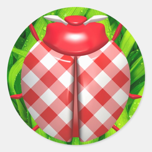 Ladybug grass gingham check cute red white green classic round sticker (Front)