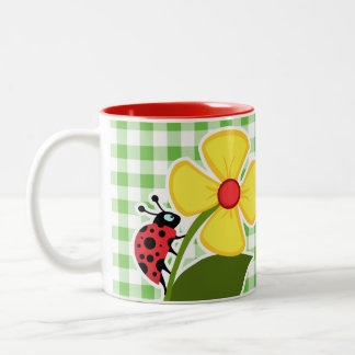 Ladybug; Green Chequered; Gingham Two-Tone Coffee Mug