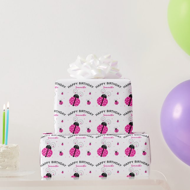 Ladybug Happy Birthday Illustration Pattern Wrapping Paper (Party Gifts)