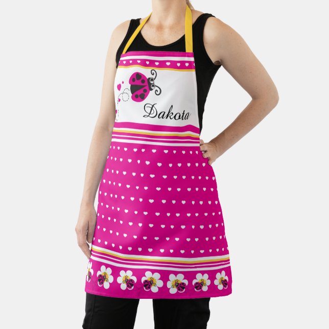 Ladybug heart dot and flowers pink white yellow apron (Insitu)