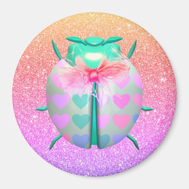 Ladybug hearts cute glitter peach green ombre magnet (Front)