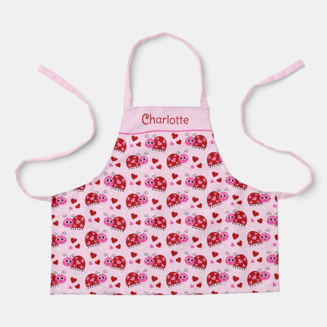 Ladybug Hearts Pattern Pink Kids Apron (Front)
