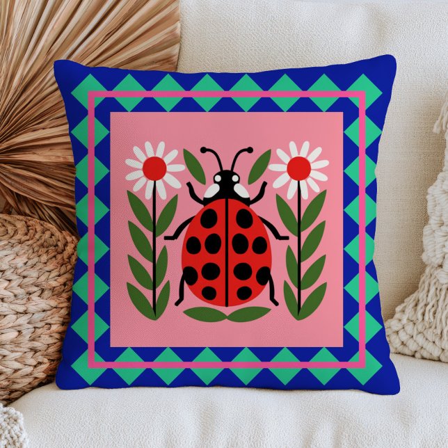 Ladybug Illustration Floral Bug Design Retro  Cushion (Creator Uploaded)