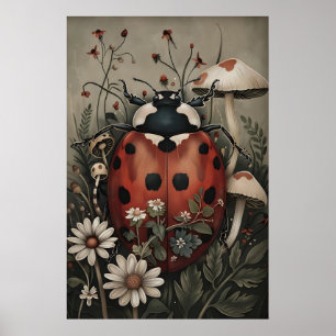 Ladybug in dark flower and mushrooms garden print