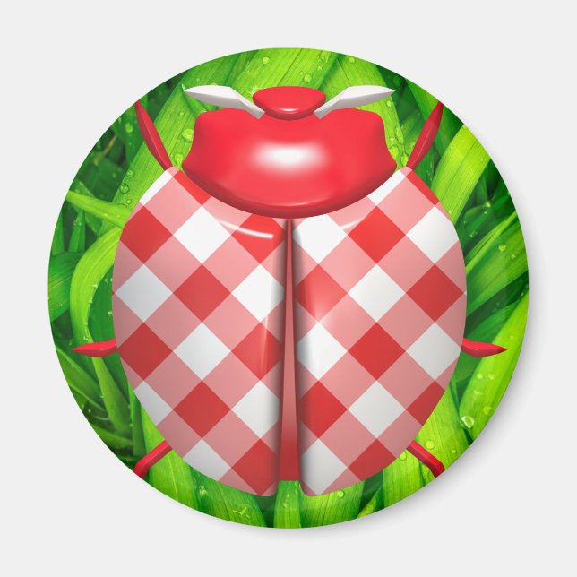 Ladybug in green grass red gingham check cute magnet (Front)
