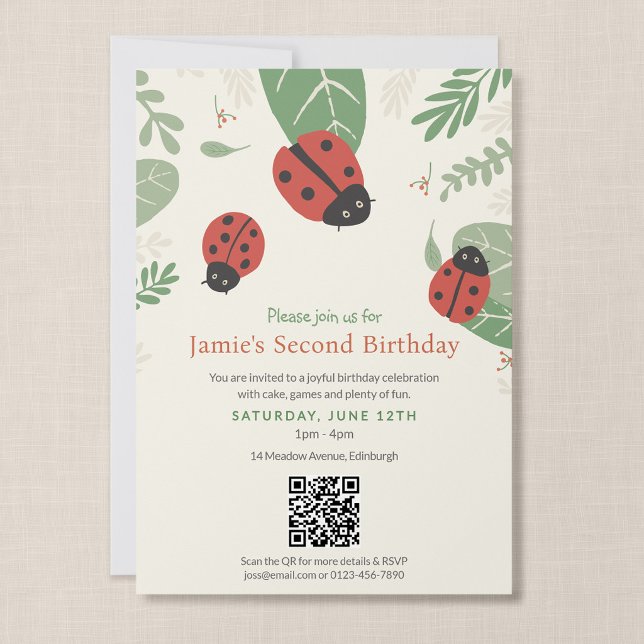 Ladybug Kid's Birthday Party QR Code Invitation (Ladybird Meadow - 5x7" Invitation with QR Code)