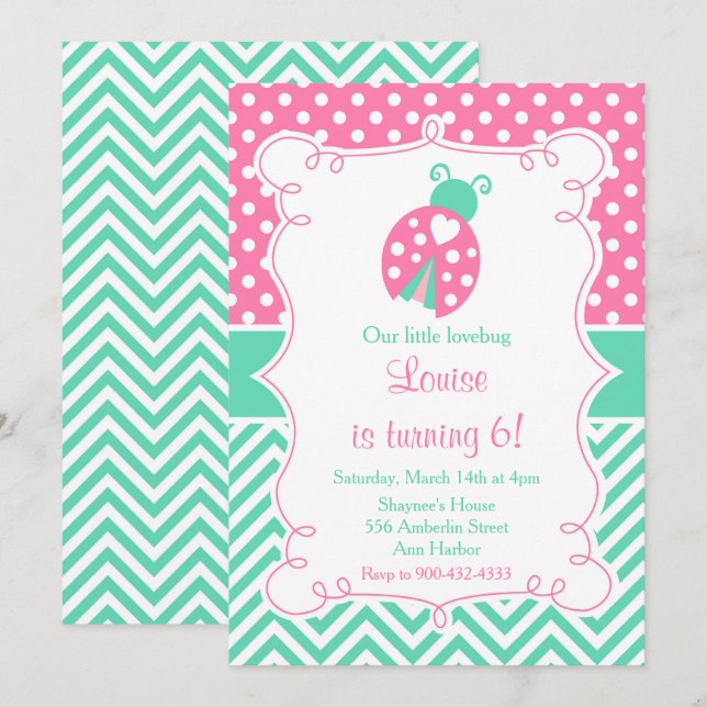 Ladybug Ladybird Pink Birthday Party Invitation (Front/Back)