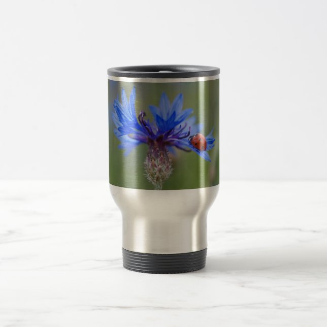 Ladybug on a blue cornflower travel mug (Center)
