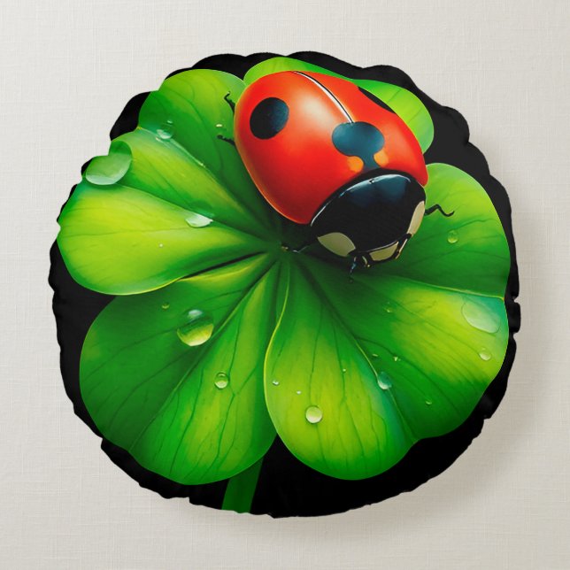 Ladybug on a Dew-Covered Leaf Round Cushion (Front)