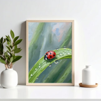 Ladybug on a Dewy Leaf – Nature Art Print