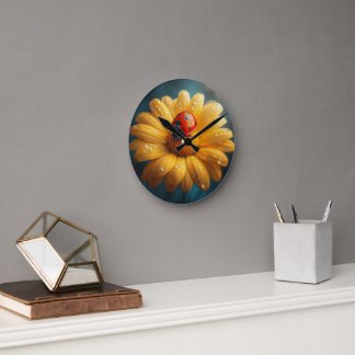Ladybug on a yellow flower macro round clock