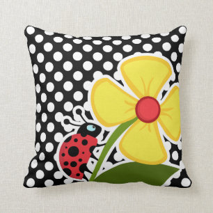 Ladybug on Black and White Polka Dots Cushion