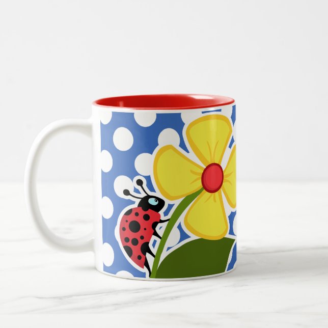 Ladybug on Cerulean Blue Polka Dots Two-Tone Coffee Mug (Left)