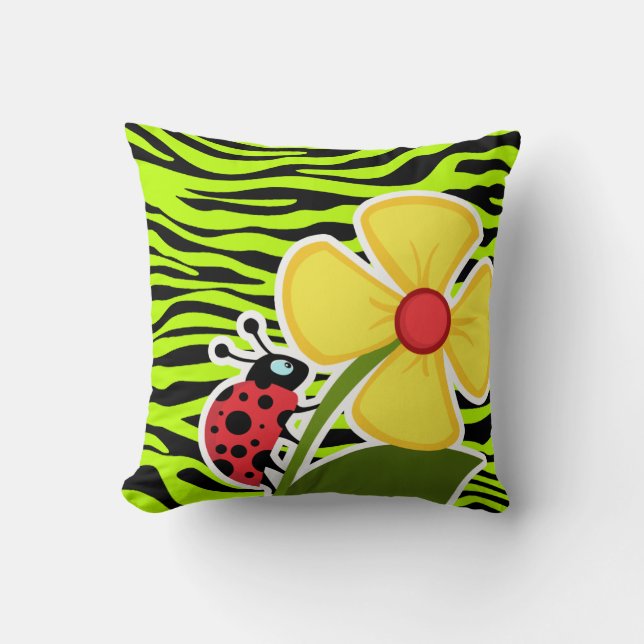 Ladybug on Chartreuse Zebra Stripes Animal Print Cushion (Front)