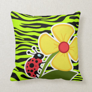 Ladybug on Chartreuse Zebra Stripes Animal Print Cushion