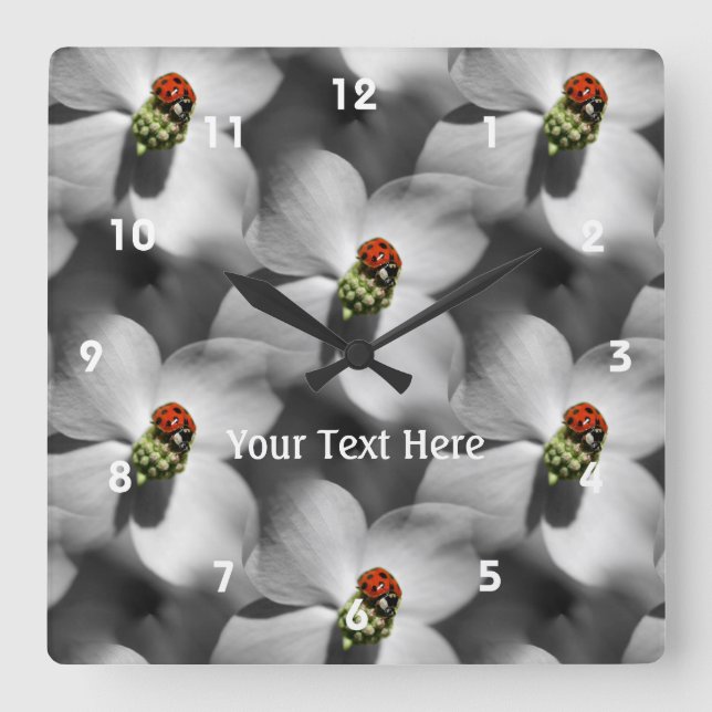 Ladybug On Dogwood Flower Nature Pattern Square Wall Clock (Front)