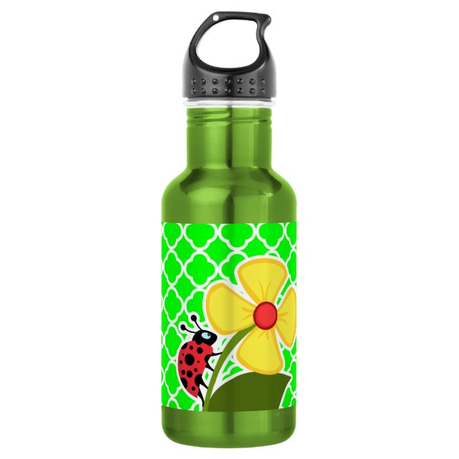 Ladybug on Electric Green Quatrefoil 532 Ml Water Bottle (Front)