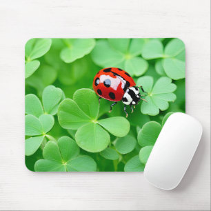 Ladybug On Four-Leaf Clovers Mouse Pad