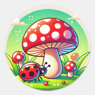 Ladybug on Grass with Mushroom Garden Lover Gift Classic Round Sticker