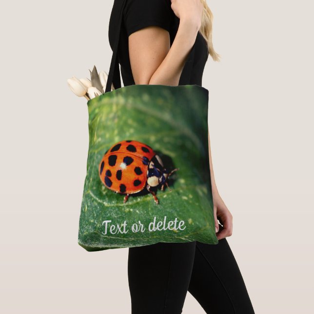 Ladybug On Leaf Close Up Personalised Tote Bag (Close Up)