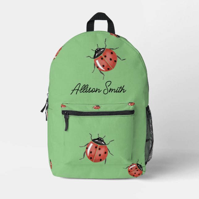 Ladybug on light green personalised printed backpack (Front)