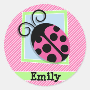 Ladybug on Pink & White Stripes Classic Round Sticker