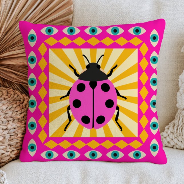 Ladybug on Retro Sunrays Funky Evil Eyes Dopamine Cushion (Creator Uploaded)