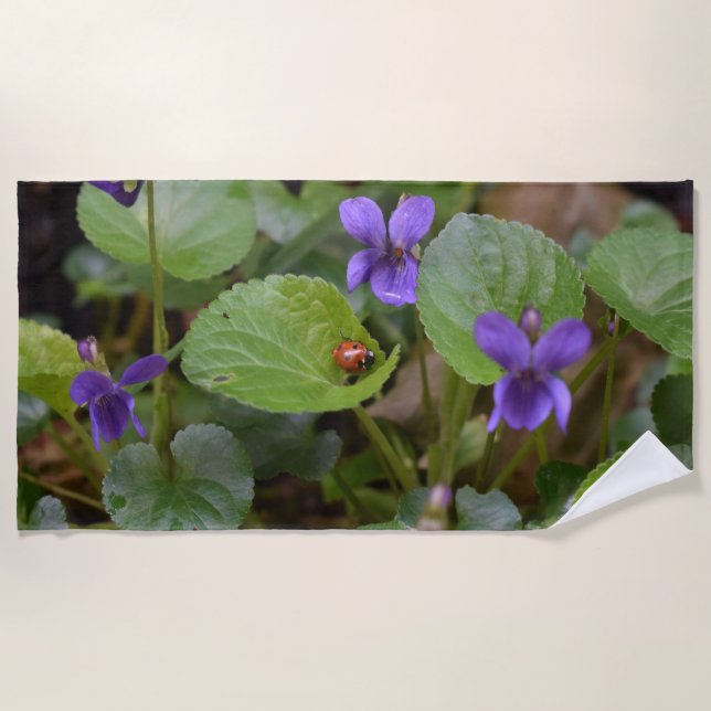 Ladybug on Sweet Violet Flowers Beach Towel (Front)