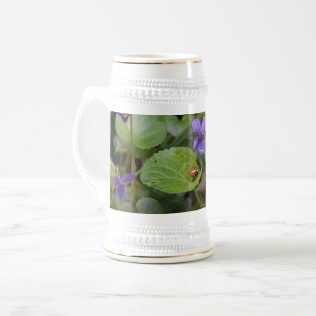 Ladybug on Sweet Violet Flowers Beer Stein (Front Left)