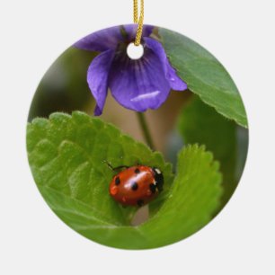Ladybug on Sweet Violet Flowers Ceramic Tree Decoration
