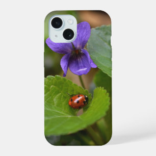Ladybug on Sweet Violet Flowers iPhone 15 Case