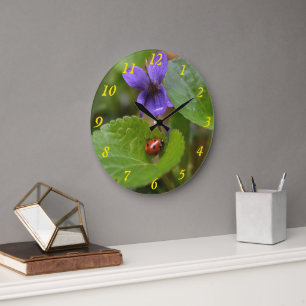 Ladybug on Sweet Violet Flowers Large Clock