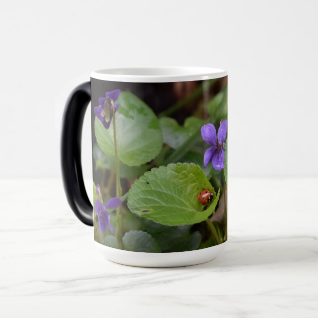 Ladybug on Sweet Violet Flowers Magic Mug (Front Left)